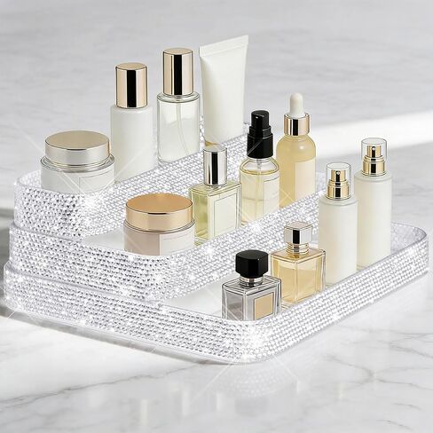 Bling Perfume Organizer Three-Tiered Shelf, Sparkle Perfume Lotion Skincare Stand, Shiny Spice Vitamins Bottles Holder, Glitter Sturdy Rack for Bathroom Countertop Cabinet Storage in Saudi Arabia