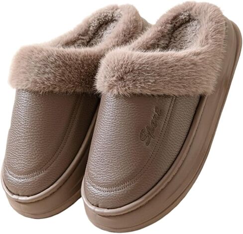 Premium Comfort Leather Fleece Non Slip Men's Fuzzy House Slippers Inddor Soft Warm Furry Shoes Plus Size in Kuwait