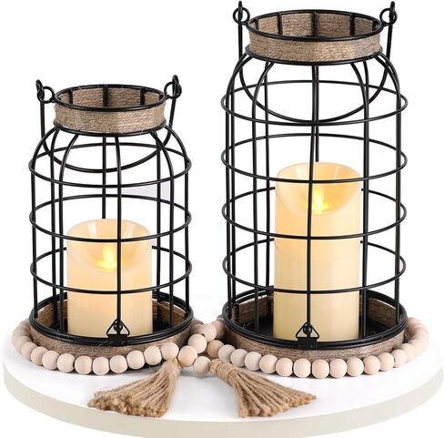 MATAHUM Rustic Farmhouse Decorative Lanterns Set of 2, Boho Lanterns with Candles and Wood Beads, Lantern Decor for Living Room Patio Porch Fireplace Kitchen Dining Table Centerpiece in Saudi Arabia