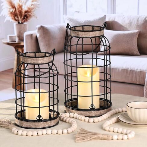 MATAHUM Rustic Farmhouse Decorative Lanterns Set of 2, Boho Lanterns with Candles and Wood Beads, Lantern Decor for Living Room Patio Porch Fireplace Kitchen Dining Table Centerpiece in Saudi Arabia