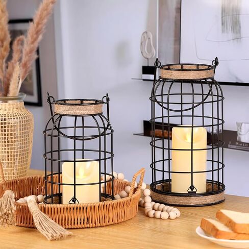 MATAHUM Rustic Farmhouse Decorative Lanterns Set of 2, Boho Lanterns with Candles and Wood Beads, Lantern Decor for Living Room Patio Porch Fireplace Kitchen Dining Table Centerpiece in Saudi Arabia