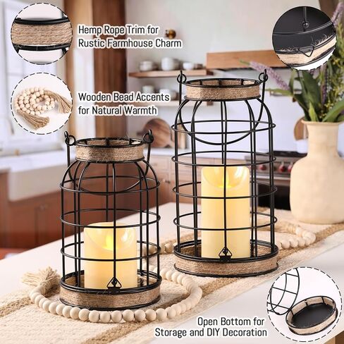 MATAHUM Rustic Farmhouse Decorative Lanterns Set of 2, Boho Lanterns with Candles and Wood Beads, Lantern Decor for Living Room Patio Porch Fireplace Kitchen Dining Table Centerpiece in Saudi Arabia