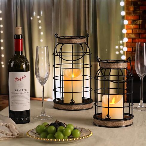 MATAHUM Rustic Farmhouse Decorative Lanterns Set of 2, Boho Lanterns with Candles and Wood Beads, Lantern Decor for Living Room Patio Porch Fireplace Kitchen Dining Table Centerpiece in Saudi Arabia