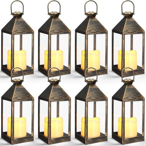 8 Pcs 10.6 Inch Decorative Candle Lanterns Bulk for Centerpieces Wedding Indoor Outdoor with LED Flameless Flickering Candle Hanging Farmhouse Lanterns Battery Powered for Party(Bronze) in Kuwait