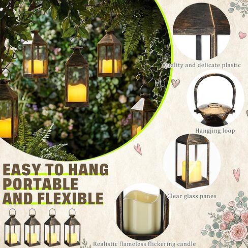 8 Pcs 10.6 Inch Decorative Candle Lanterns Bulk for Centerpieces Wedding Indoor Outdoor with LED Flameless Flickering Candle Hanging Farmhouse Lanterns Battery Powered for Party(Bronze) in Kuwait