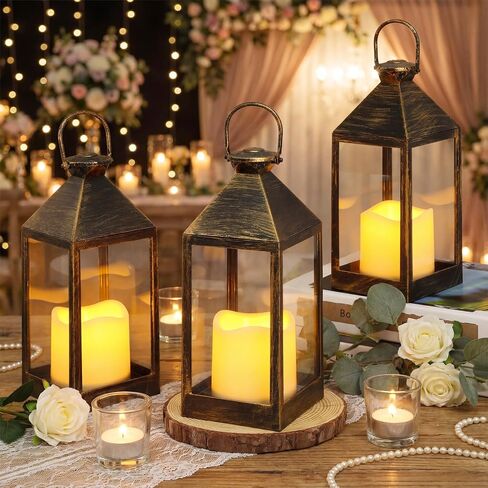 8 Pcs 10.6 Inch Decorative Candle Lanterns Bulk for Centerpieces Wedding Indoor Outdoor with LED Flameless Flickering Candle Hanging Farmhouse Lanterns Battery Powered for Party(Bronze) in Kuwait