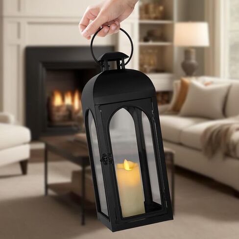 Decorative Candle Lantern 16Inches Outdoor Black Metal Lantern Hanging Candle Lantern for Indoor Outdoor Home Decor Patio Christmas Decorations in Saudi Arabia