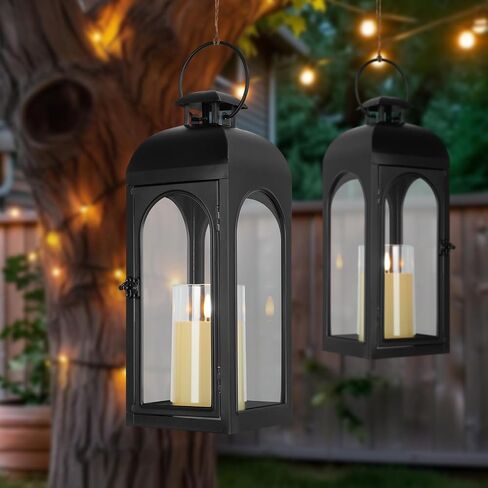 Decorative Candle Lantern 16Inches Outdoor Black Metal Lantern Hanging Candle Lantern for Indoor Outdoor Home Decor Patio Christmas Decorations in Saudi Arabia