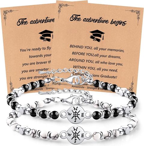 Graduation Compass Bracelets Set for Her Him, Graduation Gift for Middle School High School and College Students 5th 8th Grade Comes with 2 Inspirational Card (Black White) in Saudi Arabia