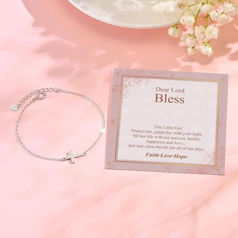 925 Sterling Silver Cross Bracelet for Girls - Faith Cross Bracelets for Kids Small Dainty Inspirational Jewelry Gifts, Baptism Birthday First Communion Easter in Saudi Arabia