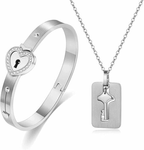 VQYSKO Lock Bracelet and Key Necklace-Stainless Steel Jewelry Suit, Romantic Gift for Valentines Day, Birthday, Christmas, Wedding, Anniversary in Saudi Arabia