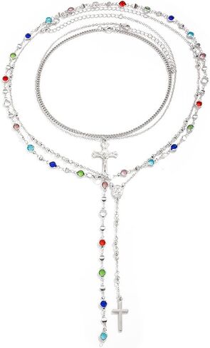 Layered Gold Long Cross Pendant Necklace, Delicate Boho Colorful Crystal Bead Y Choker Necklaces Silver Dainty Tassel Party Vacation Jewelrys for Women in Kuwait