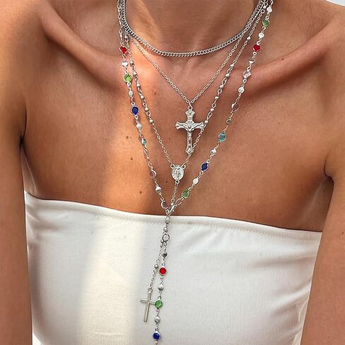 Layered Gold Long Cross Pendant Necklace, Delicate Boho Colorful Crystal Bead Y Choker Necklaces Silver Dainty Tassel Party Vacation Jewelrys for Women in Kuwait