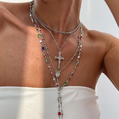 Layered Gold Long Cross Pendant Necklace, Delicate Boho Colorful Crystal Bead Y Choker Necklaces Silver Dainty Tassel Party Vacation Jewelrys for Women in Kuwait