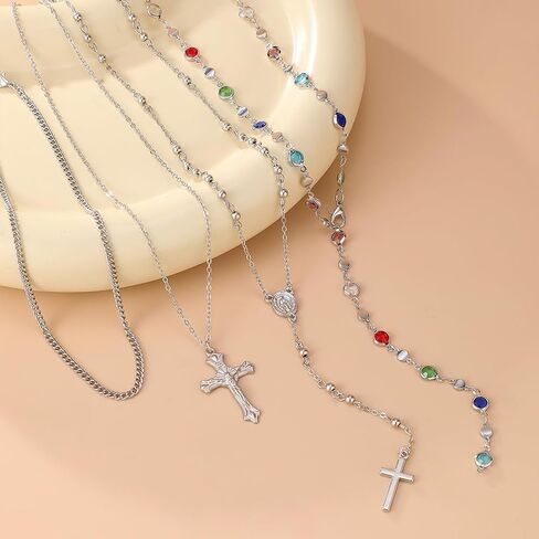Layered Gold Long Cross Pendant Necklace, Delicate Boho Colorful Crystal Bead Y Choker Necklaces Silver Dainty Tassel Party Vacation Jewelrys for Women in Kuwait
