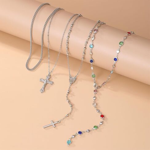 Layered Gold Long Cross Pendant Necklace, Delicate Boho Colorful Crystal Bead Y Choker Necklaces Silver Dainty Tassel Party Vacation Jewelrys for Women in Kuwait