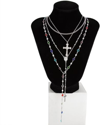 Layered Gold Long Cross Pendant Necklace, Delicate Boho Colorful Crystal Bead Y Choker Necklaces Silver Dainty Tassel Party Vacation Jewelrys for Women in Kuwait
