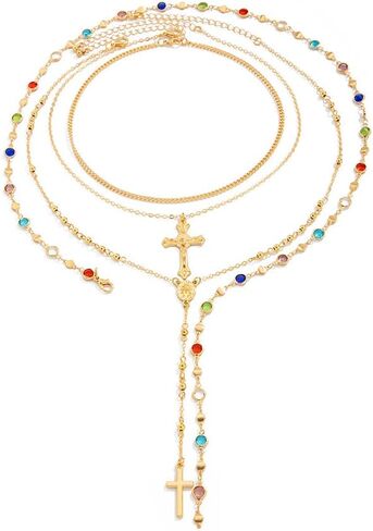 Layered Gold Long Cross Pendant Necklace, Delicate Boho Colorful Crystal Bead Y Choker Necklaces Silver Dainty Tassel Party Vacation Jewelrys for Women in Kuwait