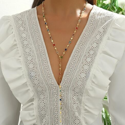 QiaTsed Colorful Crystal Long Necklace for Women Trendy Y-Shaped Pendant Necklace Boho Gemstone Necklace Ideal Dainty Jewelry Gift for Women in Saudi Arabia