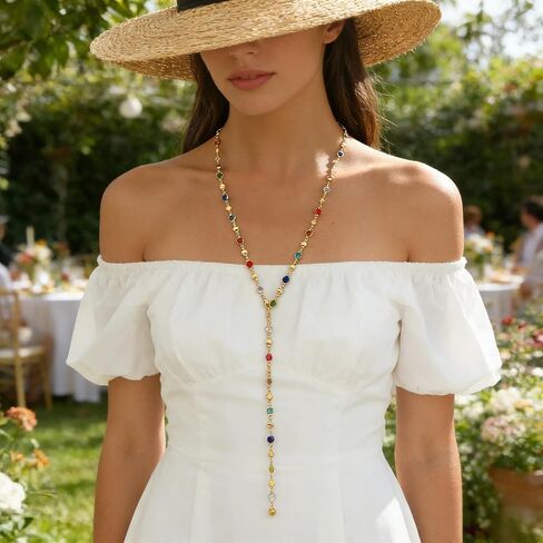 QiaTsed Colorful Crystal Long Necklace for Women Trendy Y-Shaped Pendant Necklace Boho Gemstone Necklace Ideal Dainty Jewelry Gift for Women in Saudi Arabia