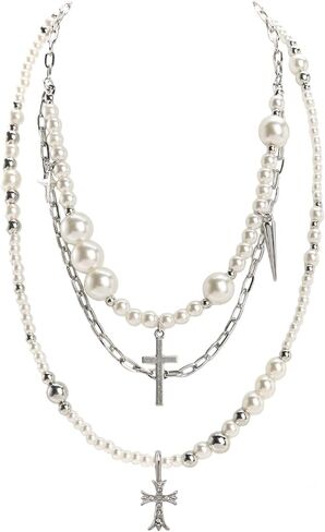 INSYOHO Silver Layered Necklaces for Women - Gothic Pearl Cross Chunky Necklaces Y2K Goth Punk Emo Grunge Choker Vintage Streetwear Costume Statement Catholic Jewelry Gift for Women in Saudi Arabia