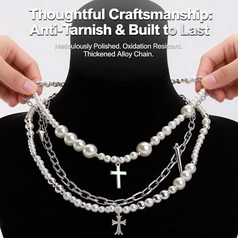 INSYOHO Silver Layered Necklaces for Women - Gothic Pearl Cross Chunky Necklaces Y2K Goth Punk Emo Grunge Choker Vintage Streetwear Costume Statement Catholic Jewelry Gift for Women in Saudi Arabia