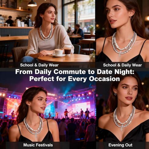 INSYOHO Silver Layered Necklaces for Women - Gothic Pearl Cross Chunky Necklaces Y2K Goth Punk Emo Grunge Choker Vintage Streetwear Costume Statement Catholic Jewelry Gift for Women in Saudi Arabia