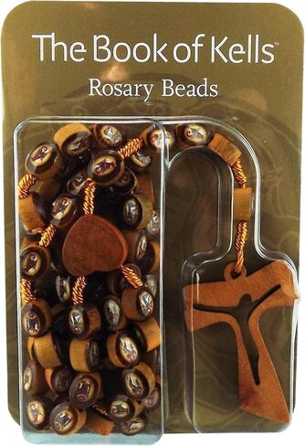 The Book of Kells Wooden Rosary Beads with Evangelist Images, Tau Cross, and Heart-Shaped Centrepiece (7.08" × 4.72" × 0.59") in Saudi Arabia