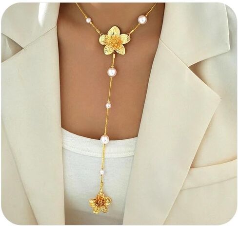 Vintage Gold Pearls Flower Y Necklaces for Women,Dainty Aesthetic Pearl Beaded Floral Lariat Necklace,Charm Sweater Strand Jewelry Accessories Gifts in Kuwait