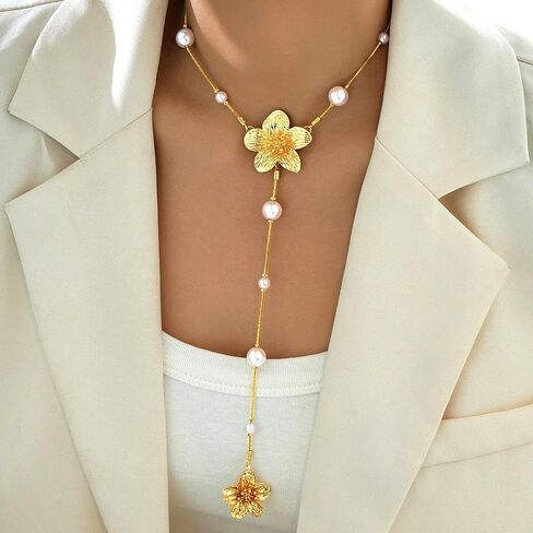 Vintage Gold Pearls Flower Y Necklaces for Women,Dainty Aesthetic Pearl Beaded Floral Lariat Necklace,Charm Sweater Strand Jewelry Accessories Gifts in Kuwait