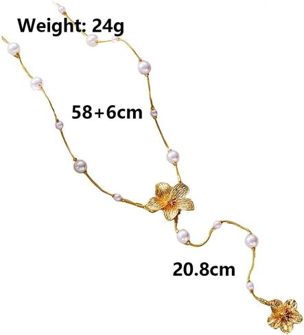 Vintage Gold Pearls Flower Y Necklaces for Women,Dainty Aesthetic Pearl Beaded Floral Lariat Necklace,Charm Sweater Strand Jewelry Accessories Gifts in Kuwait