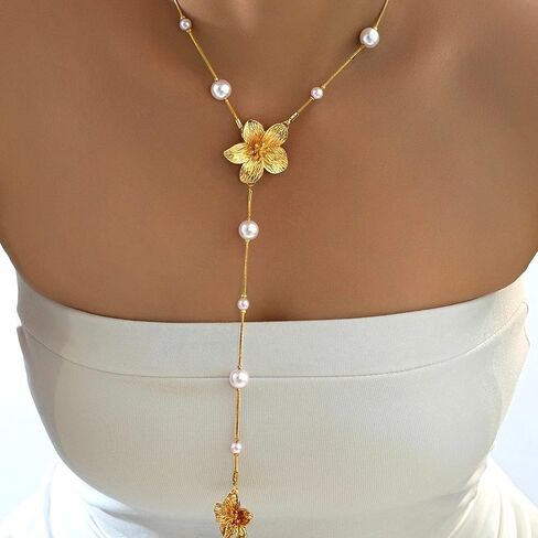 Vintage Gold Pearls Flower Y Necklaces for Women,Dainty Aesthetic Pearl Beaded Floral Lariat Necklace,Charm Sweater Strand Jewelry Accessories Gifts in Kuwait