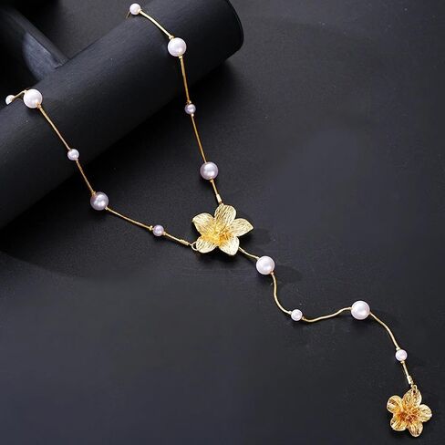 Vintage Gold Pearls Flower Y Necklaces for Women,Dainty Aesthetic Pearl Beaded Floral Lariat Necklace,Charm Sweater Strand Jewelry Accessories Gifts in Kuwait