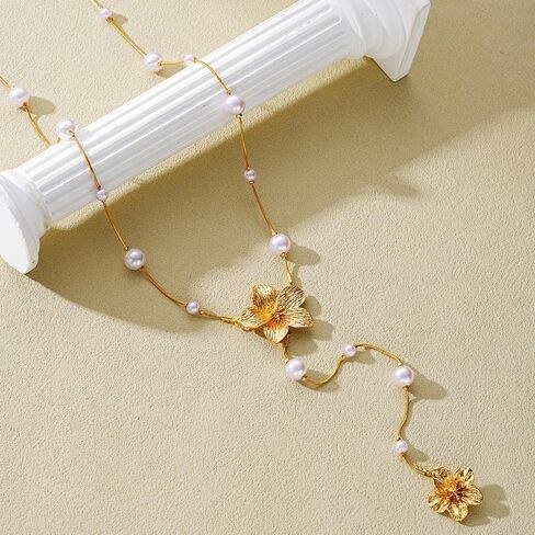 Vintage Gold Pearls Flower Y Necklaces for Women,Dainty Aesthetic Pearl Beaded Floral Lariat Necklace,Charm Sweater Strand Jewelry Accessories Gifts in Kuwait