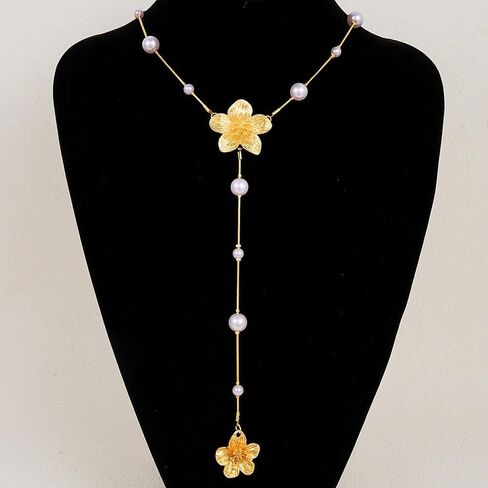 Vintage Gold Pearls Flower Y Necklaces for Women,Dainty Aesthetic Pearl Beaded Floral Lariat Necklace,Charm Sweater Strand Jewelry Accessories Gifts in Kuwait
