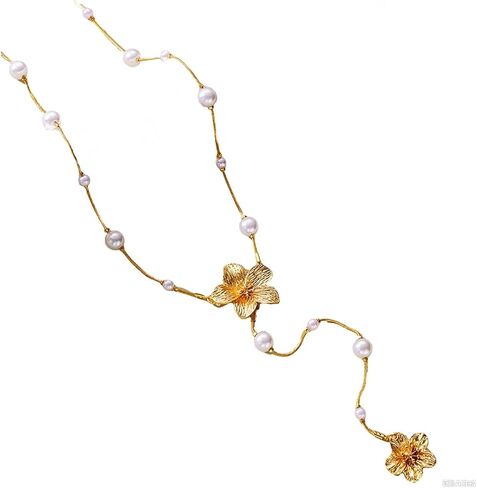 Vintage Gold Pearls Flower Y Necklaces for Women,Dainty Aesthetic Pearl Beaded Floral Lariat Necklace,Charm Sweater Strand Jewelry Accessories Gifts in Kuwait