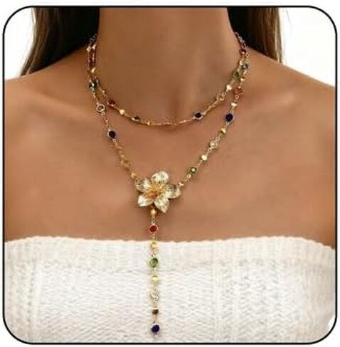 Chunky Gold Flower Necklace Boho Layered Colorful Crystal Necklace Large Floral Rhinestone Lariat Necklace Y-Shaped Long Necklace Summer Beach Fashion Jewelry Accessary for Women in Saudi Arabia