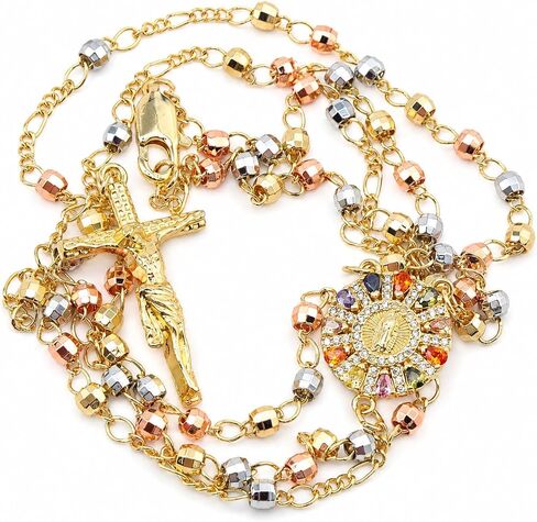 Zuluf Rainbow Sunburst Our Lady of Guadalupe Rosary Necklace for Women, Tri-Color Gold Beads with Round Virgin Mary Medal and Crucifix, Bold Catholic Religious Jewelry Gift, 8 Micron Gold Plated in Kuwait