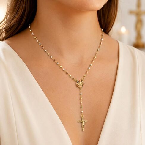 Zuluf Rainbow Sunburst Our Lady of Guadalupe Rosary Necklace for Women, Tri-Color Gold Beads with Round Virgin Mary Medal and Crucifix, Bold Catholic Religious Jewelry Gift, 8 Micron Gold Plated in Kuwait