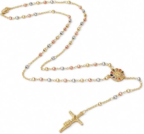 Zuluf Rainbow Sunburst Our Lady of Guadalupe Rosary Necklace for Women, Tri-Color Gold Beads with Round Virgin Mary Medal and Crucifix, Bold Catholic Religious Jewelry Gift, 8 Micron Gold Plated in Kuwait