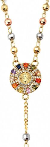 Zuluf Rainbow Sunburst Our Lady of Guadalupe Rosary Necklace for Women, Tri-Color Gold Beads with Round Virgin Mary Medal and Crucifix, Bold Catholic Religious Jewelry Gift, 8 Micron Gold Plated in Kuwait