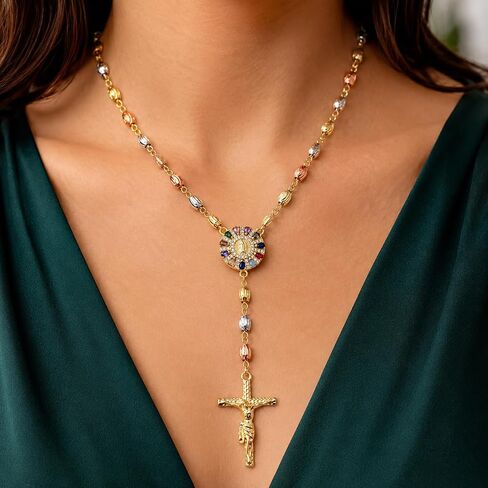 Zuluf Rainbow Sunburst Our Lady of Guadalupe Rosary Necklace for Women, Tri-Color Gold Beads with Round Virgin Mary Medal and Crucifix, Bold Catholic Religious Jewelry Gift, 8 Micron Gold Plated in Kuwait