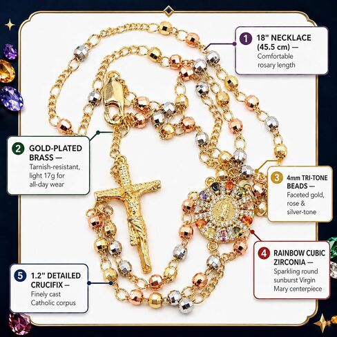 Zuluf Rainbow Sunburst Our Lady of Guadalupe Rosary Necklace for Women, Tri-Color Gold Beads with Round Virgin Mary Medal and Crucifix, Bold Catholic Religious Jewelry Gift, 8 Micron Gold Plated in Kuwait