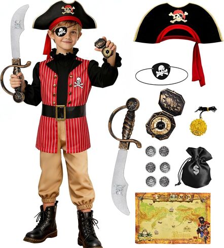 Latocos 17pcs Kids Boys Pirate Costume Toddler Halloween Dress Up Costume with Medallion Pirate Hat Sword Compass Bag Coins in Saudi Arabia