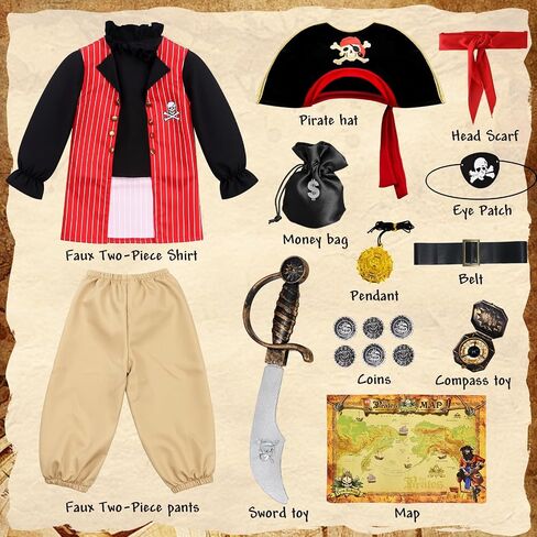 Latocos 17pcs Kids Boys Pirate Costume Toddler Halloween Dress Up Costume with Medallion Pirate Hat Sword Compass Bag Coins in Saudi Arabia