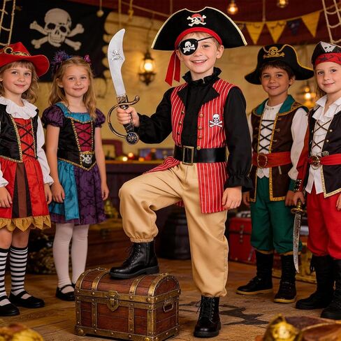 Latocos 17pcs Kids Boys Pirate Costume Toddler Halloween Dress Up Costume with Medallion Pirate Hat Sword Compass Bag Coins in Saudi Arabia