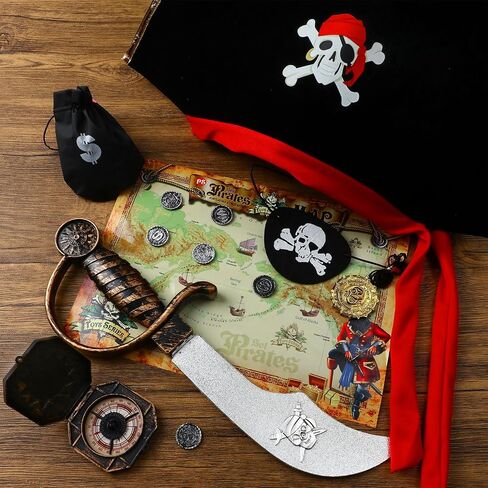 Latocos 17pcs Kids Boys Pirate Costume Toddler Halloween Dress Up Costume with Medallion Pirate Hat Sword Compass Bag Coins in Saudi Arabia