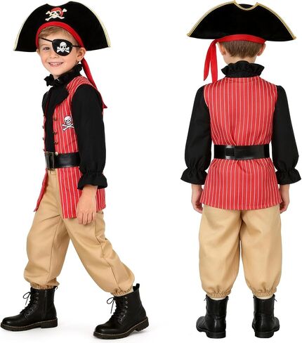 Latocos 17pcs Kids Boys Pirate Costume Toddler Halloween Dress Up Costume with Medallion Pirate Hat Sword Compass Bag Coins in Saudi Arabia