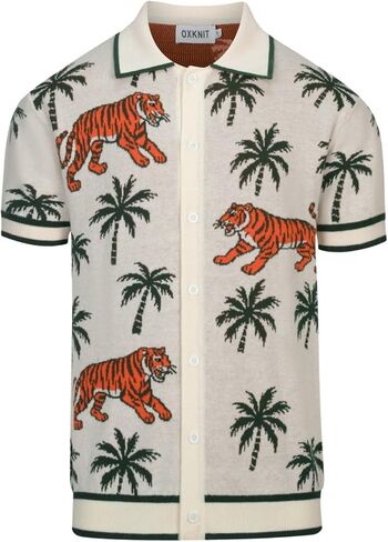 OXKNIT Men's Knit Short Sleeve Shirts Button Down Vintage Knitted Polo Shirt Tigers Coconut Trees Pattern Beige Polo in Kuwait