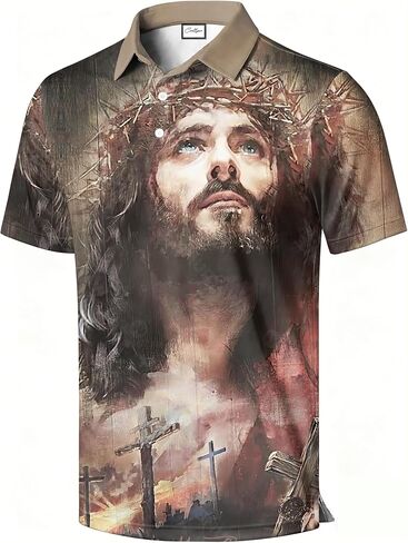 Men's Golf Polo Shirt, Faith Cross Print, Short Sleeve, Christian Graphic All-Over Print, Regular Fit in Kuwait